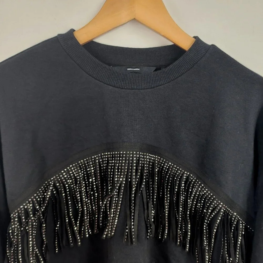 VERO MODA Kaidyn Rhinestone Fringe Pullover Sweatshirt In Black Size S NWT - Picture 4 of 11